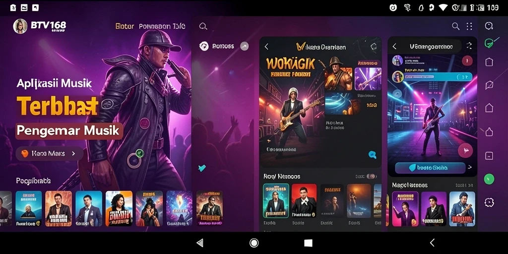 Gambar tampilan aplikasi BTV168 dengan layar pemutaran lagu.