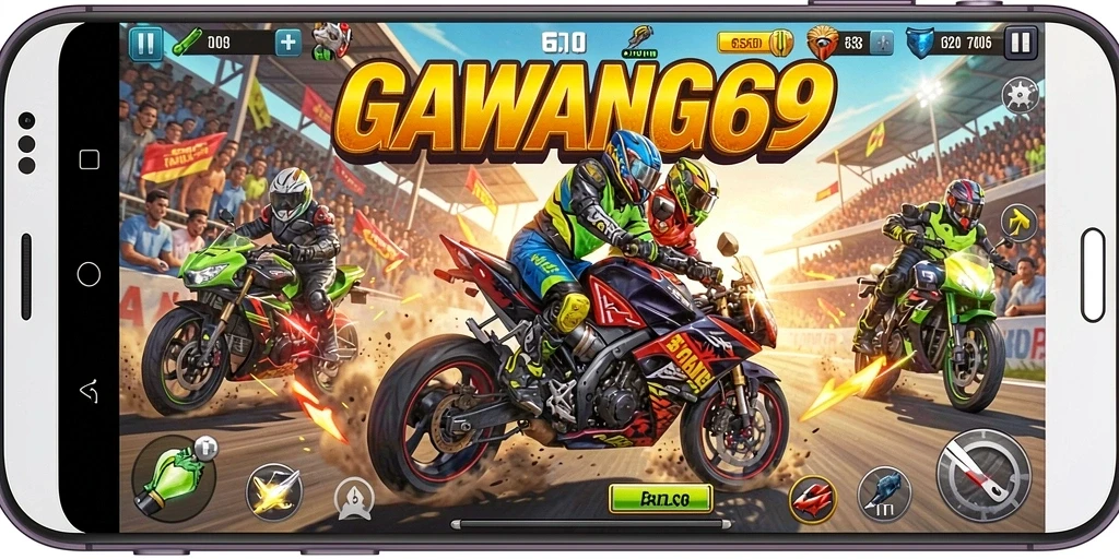 Screenshot GAWANG69 menampilkan gameplay balapan motor yang mendebarkan.