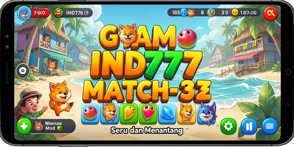 Screenshot gameplay IND777 menunjukkan pertempuran mencocokkan elemen Match-3.
