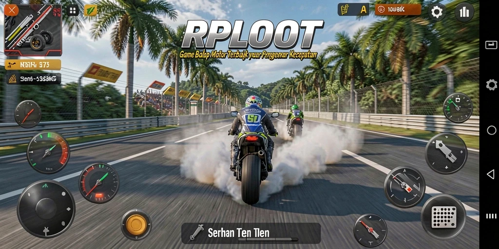 Tampilan layar gameplay balapan motor yang intens dan penuh aksi.