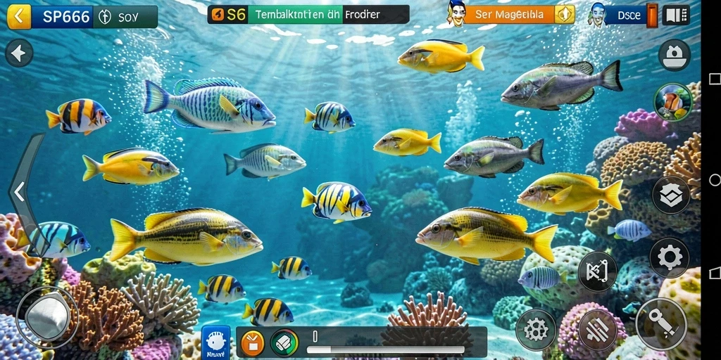 Screenshot SP666 menampilkan aksi seru menangkap ikan.