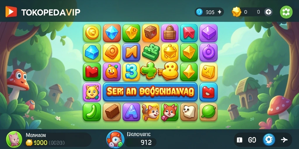 Screenshot gameplay <strong>TOKOPEDIAVIP</strong> menampilkan kombinasi warna cerah dalam permainan Match-3.