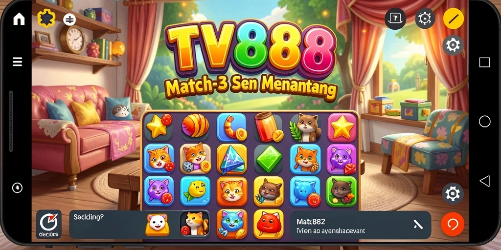 Tampilan gameplay Match-3 yang menarik dan penuh warna.