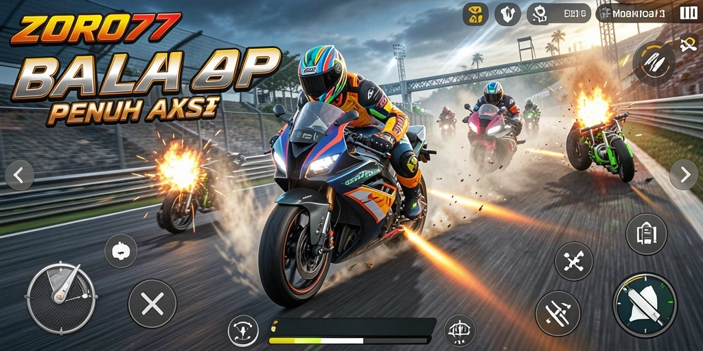 Tampilan gameplay ZORO77 yang menampilkan balapan motor seru dan grafis yang memukau.